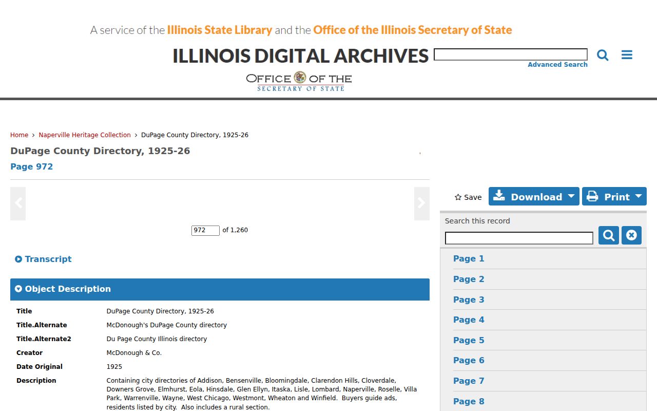Woodridge city directory research using a digitized 1925-26 DuPage County Directory page