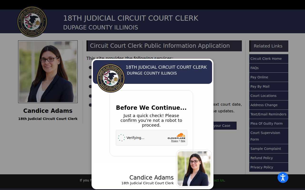 Woodridge resident lookup through the DuPage public court case-information interface
